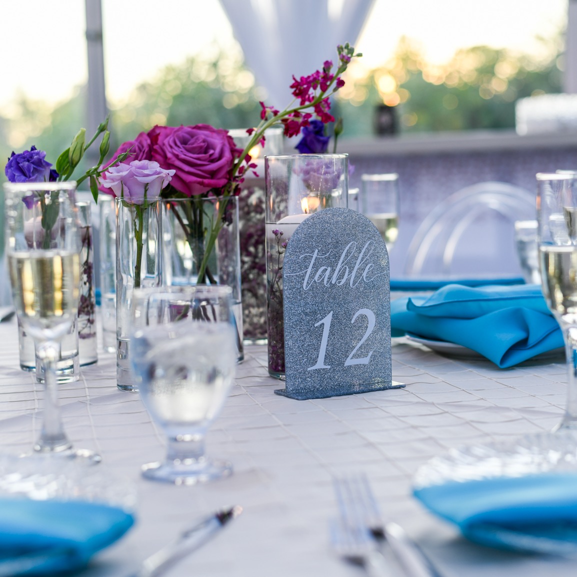 blue and purple wedding reception table